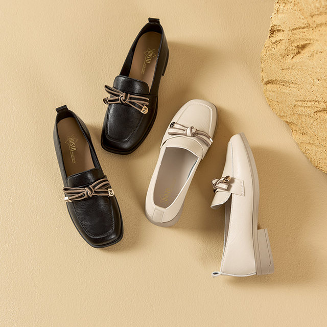 Dadong loafers women's 2025 autumn new style sweet bow square heel covers small leather shoes low heel women's shoes 1216