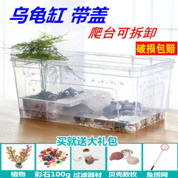 Plastic small turtle tank with terrace and landscaping, small pet turtle tank, ecological tank, Brazilian turtle breeding box with lid