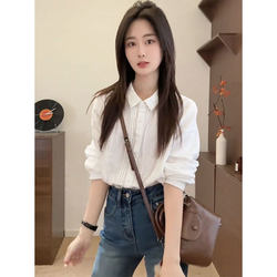White Long-Sleeve Shirt for Women, New Spring 2026 Hot-Selling French-Style Casual Loose Blouse for Petite Figures