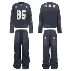 Sgw Washed Spray-Painted Distressed Short Wide Jacket Loose Long Pants Sweatpants 430g Autumn Sweatshirt Set