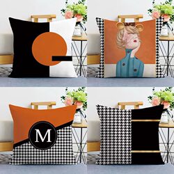 Nordic Orange Light Luxury Sofa Cushion, Simple Orange-Red Geometric Pillow, Black and White Modern American Style Backrest Pillow Cover