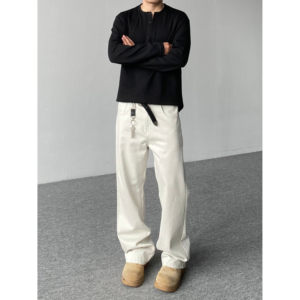 
98SQUID American high street cleanfit off-white bootcut jeans for men and women simple loose casual trousers