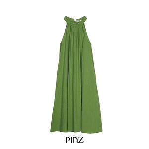 【清仓不退换】PINZ HOW森系麻感竹节棉亲肤挂脖复古A字褶裥长裙