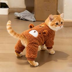 Cat and Bear Shaped Four-Legged Fleece Clothing for Autumn and Winter, Thickened and Warm, Small Dog Pet Clothing with Leash Attachment
