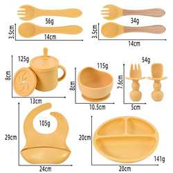 Popular children's silicone tableware set, silicone plate, fork and spoon, bib, learning drinking cup, mother and baby supplies, ten-piece tableware set