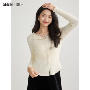 SeRinaBlue商场同款2026年春季新款假两件蕾丝v领女士薄款针织衫