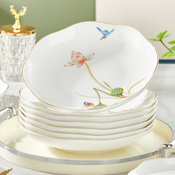 Jintai Pure White Bone China Plates, Household 2025 New Model, Gold-Rimmed Light Luxury Bowls and Plates, High-End Deep Plates