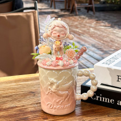 Bubble Mart Cute and Creative Ceramic Mug with Lid and Spoon, Birthday Gift for Girlfriends, High Aesthetic Value