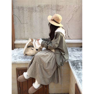 
Retro forest style old washed cotton plaid patchwork cake skirt long skirt