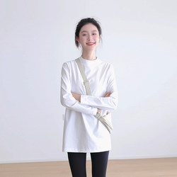 Mid-Length, Hip-Covering, Minimalist Design! Pure Cotton T-Shirt for Women, Long-Sleeved, Half-High Collar, Loose-Fitting Stand-Up Collar Base Shirt