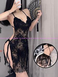Couple fun lingerie sexy side slit cheongsam lace lace pajamas European and American large size sexy nightgown for women
