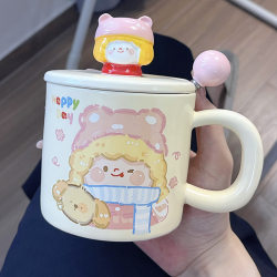 Jingdezhen Little Girl's Ceramic Mug with Lid and Spoon, High Aesthetic Value Water Cup, Birthday Gift for Sisters and Best Friends