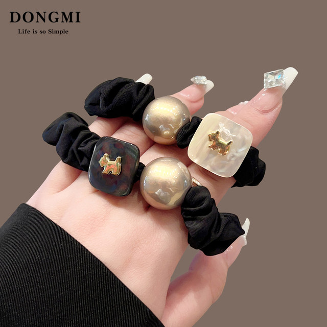 French high-end puppy pearl headband for women 2025 new style simple high elastic hair tie with ponytail rubber band