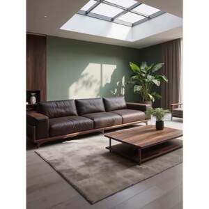 
New Chinese style North American black walnut solid wood straight leather sofa living room new office large flat floor furniture