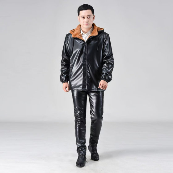 Men's leather leather pants set plus velvet, windproof, warm waterproof and waterproof motorcycle motorcycle on behalf of takeaway work clothes