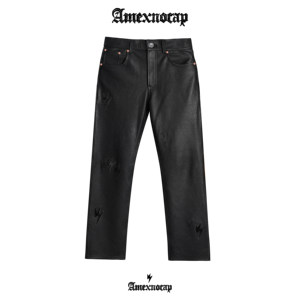 
Amexnocap Lightning Cow Leather Pants Light Luxury Premium Black Bottom Black Leather American Style Same Style for Men and Women