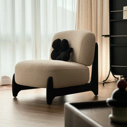 Cream-Colored Solid Wood Sofa Chair, Minimalist Lambswool Single Lazy Lounge Chair, Japanese-Style Small Apartment Leisure Sofa Seat