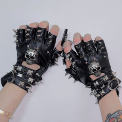 Wild Cat* Heavy Metal Punk Y2K Millennial Hot Girl Yabi Black European and American Skull Half-Finger Pu Leather Rock Gloves