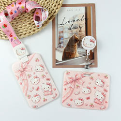 Cute Cartoon Bowknot Kt Cat Card Holder with Retractable Clip for Meal Cards, Bus Cards, Subway Cards, Access Cards, Student Campus Cards, with Lanyard for Neck, Anti-Loss Horizontal Style Id Badge Holder