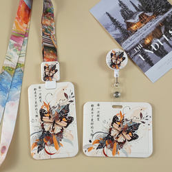 Chinese Style Butterfly Inspirational Card Holder for Bus Cards, Subway Cards, Student Meal Cards, Campus Cards, Id Cards, Anti-Loss Spring Rope, Work Id Card Holder, Retractable Neck Strap, Horizontal Badge Holder, Easy-Pull Buckle