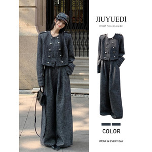 
JIUYUEDI End of September Xiaoxiangfeng hemp gray double-breasted short top wide-leg pants women's autumn temperament suit
