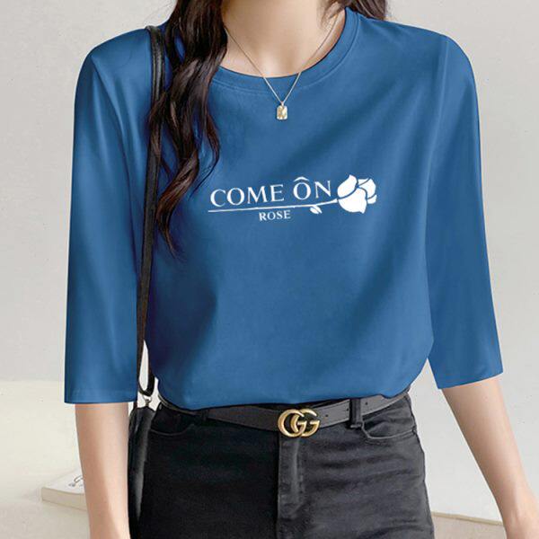 7-quarter sleeve top for women pure cotton versatile mid-sleeved T-shirt blue five-quarter T-shirt 2024 new spring and summer clothing student trend
