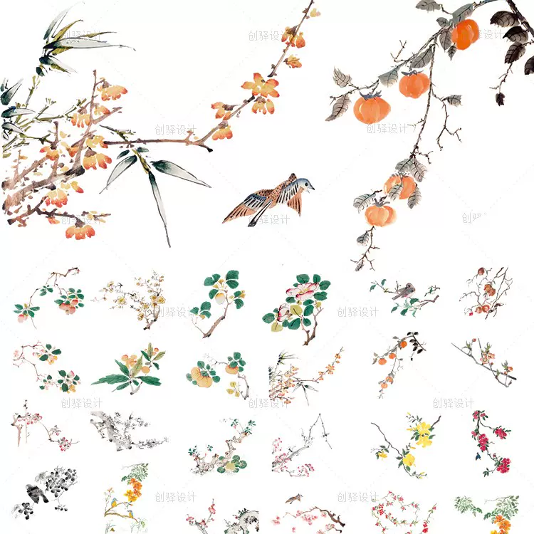 古风手绘水彩中国画工笔画水墨花卉植物枝条png免抠矢量高清素材