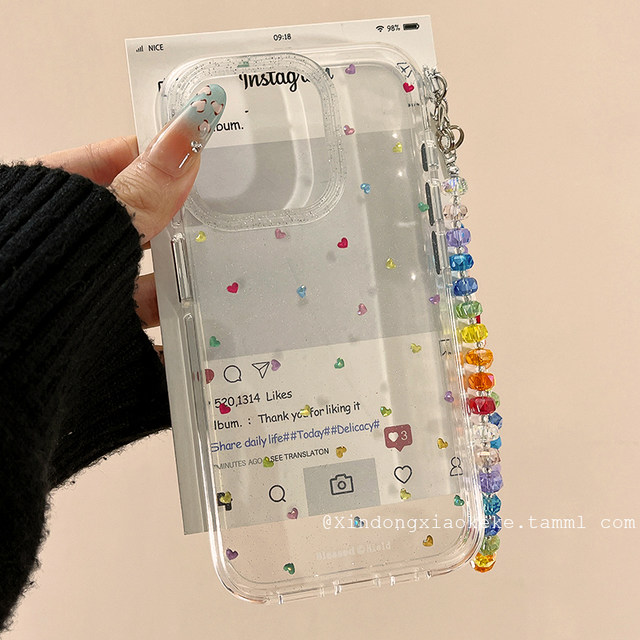 Ins style Korean love gemstones suitable for Apple iPhone 16 ProMax mobile phone case 15pro new 14 with chain 13 niche high-end sense 14 promax silicone 16pro creative full package