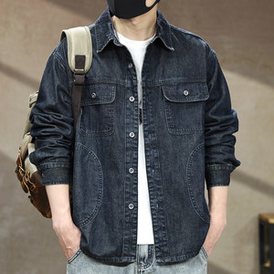 
American retro workwear long-sleeved denim shirt men's spring and autumn new pure cotton loose shirt jacket men's top