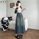 Retro denim skirt for women 2025 new autumn high-waisted slim A-line hip-pack medium-length breasted splicing skirt
