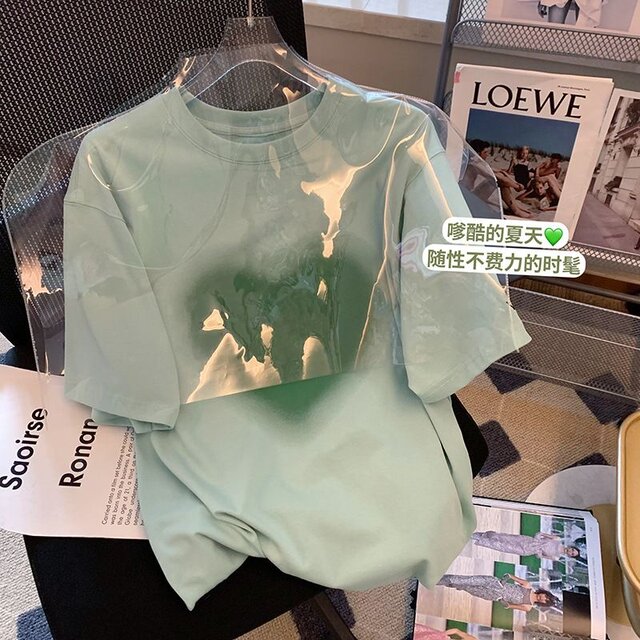 Pure cotton bag collar green love printed short -sleeved girl summer loose and leisure versatile fresh sweet mid -sleeved top female
