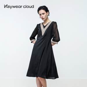 
Keywearcloud Qiwei summer breathable deep V vacation style five-point sleeve high waist A-line skirt dress