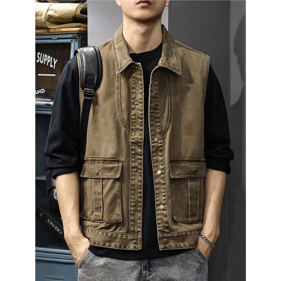 
Spring retro old work vest vest men's outdoor loose large size pure cotton American tactical vest jacket trendy