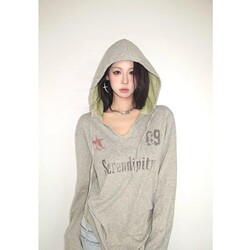 Zahp Design-Inspired Outfit with Distressed Letter Print Long-Sleeve Top, Loose-Fitting, Thin Sun-Protective Hooded Jacket, Trendy