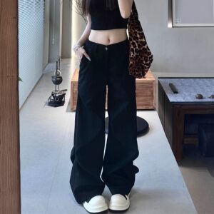 JADEQILIN American high street design pleated casual black trousers for men and women couples with micro flared wide-leg pants