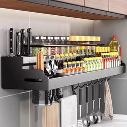 Wall-Mounted Kitchen Spice Rack, No-Drill Seasoning Storage Rack, Multifunctional Knife and Chopstick Holder Integrated