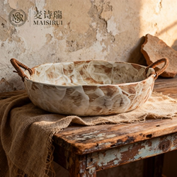 Maishirui Fruit Plate, Antique-Style, High-End, Beautiful, for Living Room, Household Ceramic, Light Luxury, High-End, Vintage, Coarse Pottery Fruit Bowl, Handmade