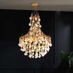 Duplex staircase chandelier, light luxury living room, villa hall, crystal lamp, simple jump floor, full copper branch long chandelier