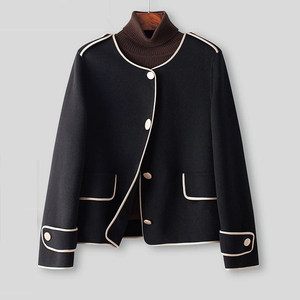 
Spring, autumn and winter high-end 100 sheep wool double-sided woolen coat round neck short warm women's black temperament versatile