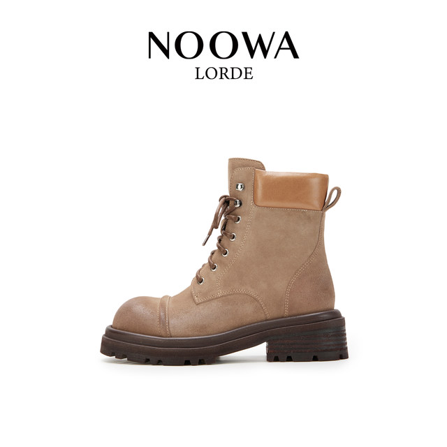 NOOWA British thick heel Martin boots for women 2025 autumn fashionable polished leather heightening versatile lace-up short boots