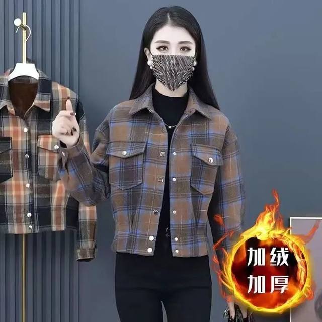 
Autumn and winter casual plaid coat for women, velvet short lapel jacket, fashionable mother's wear warm shirt top
