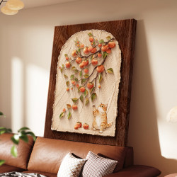 Vintage-Style Living Room Decorative Painting with Persimmons and Cats, Retro Cat Sofa Background Wall Hanging Painting, Entryway Wall Art