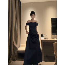 Black Off-The-Shoulder Evening Dress for Women, High-End Light Luxury, Coming-Of-Age Ceremony, Birthday Banquet Host Dress, Petite Size