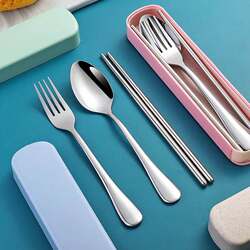 Chopsticks, Spoon, and Fork Set Portable Tableware Three-Piece Set Stainless Steel Travel Tableware Portable Tableware for Primary School Students