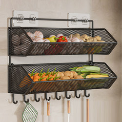 Kitchen Storage Rack, Wall-Mounted, No-Drill, Multifunctional, Double-Layer Hanging Rack for Green Onions, Ginger, Garlic, Vegetable and Spice Organizer