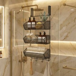 Bathroom Hanging Basket, Storage Rack Behind the Bathroom Door, No-Drill Shower Room Hanging Glass Door Storage Rack