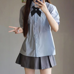 Blue Short-Sleeved Shirt for Women, Summer High-End Korean Style College Style Shirt, Puff-Sleeved Top, Jk Uniform Skirt Suit