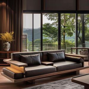 
Modern new Chinese style solid wood sofa black walnut ash wood living room leather art hotel bed and breakfast office straight furniture