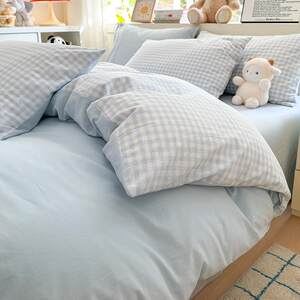
Less plaid style Sanshui MZ washed cotton sheets four-piece set quilt cover bed sheet dormitory single women's bedding set