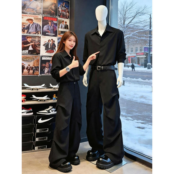 
Black velvet long-sleeved shirt for men, autumn and winter high-end suit with shirt, British light mature style men's jacket